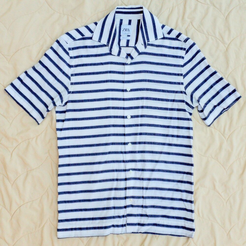 Zara Button Up Short Sleeve Dress Shirt Striped Nautical Beach Pool Summer